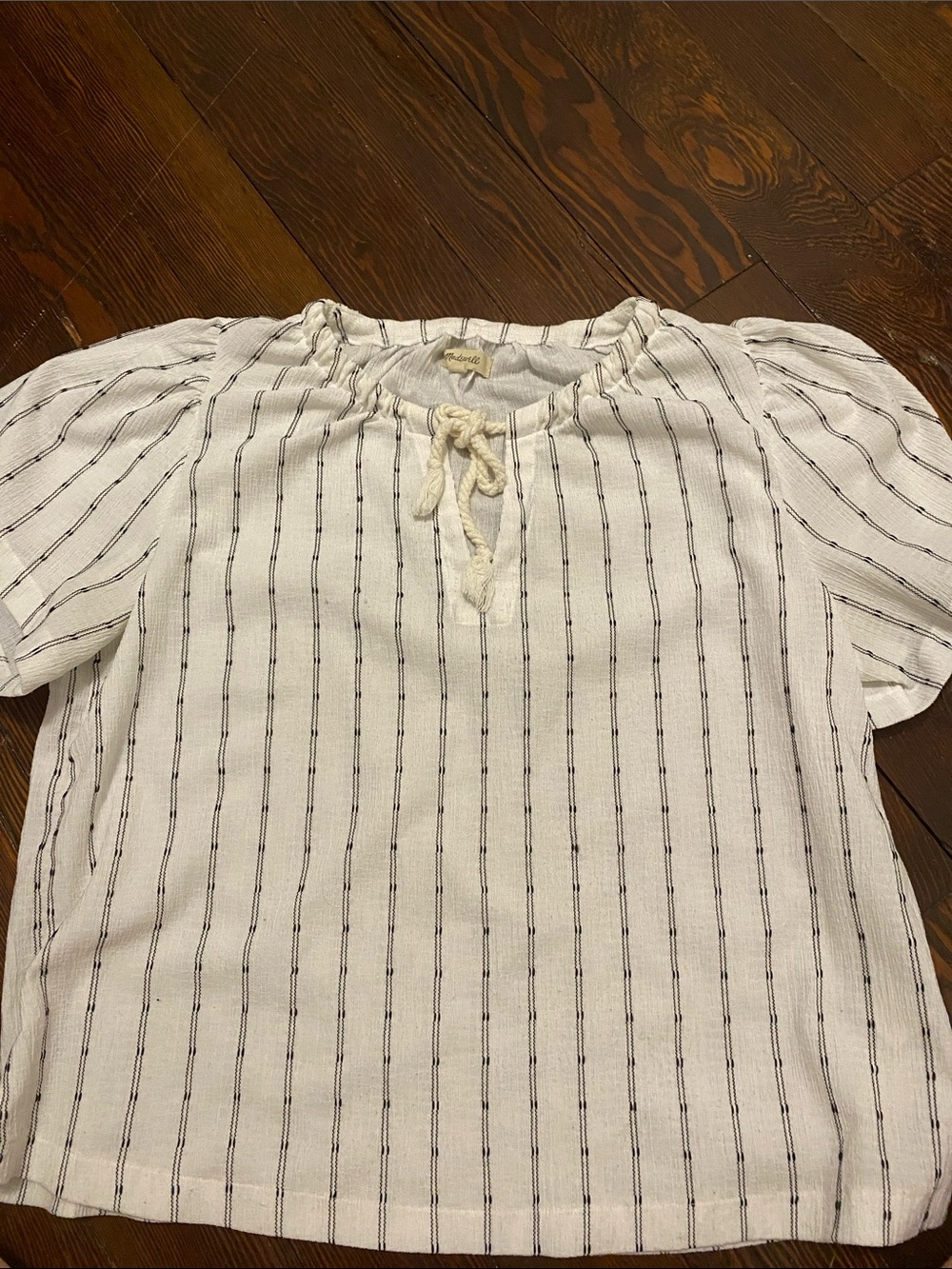 Madewell White Blouse with Black Pinstripes and Tie Neck